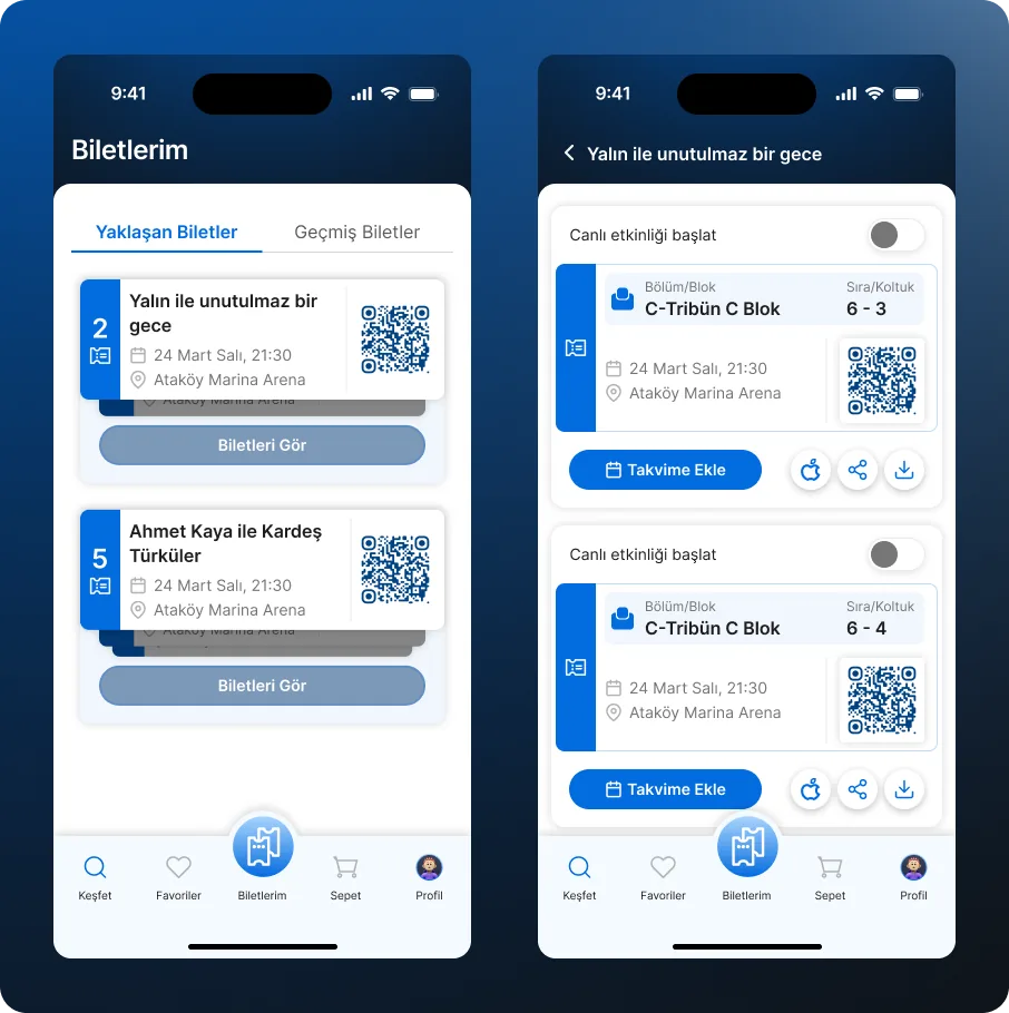 Biletix “My Tickets” redesign — compact ticket list and detail